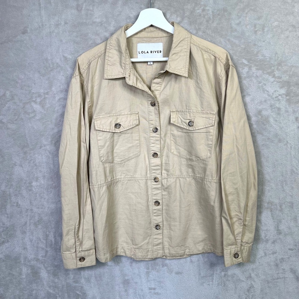 Lola River Shirt Womens‎ Large Hemp Blend Beige Solid Long Sleeve Pockets